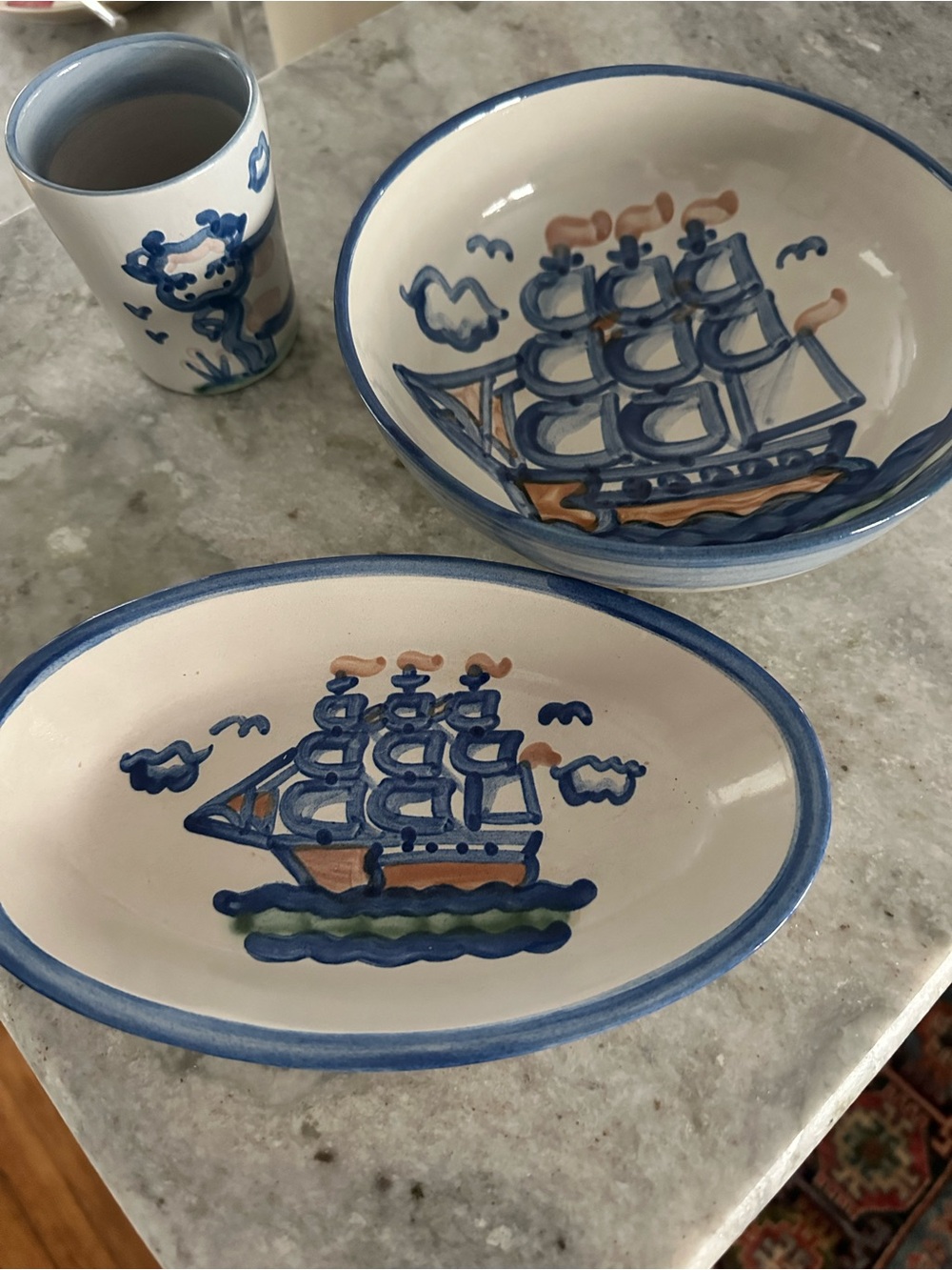 M.A. Hadley Hand-Painted Blue Nautical Ceramic Serving Bowl and Platter Set
